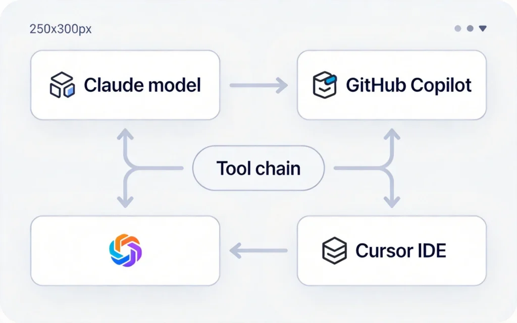 AI Coding生态系统扁平架构图，Claude模型与GitHub Copilot、Cursor工具链集成流程界面