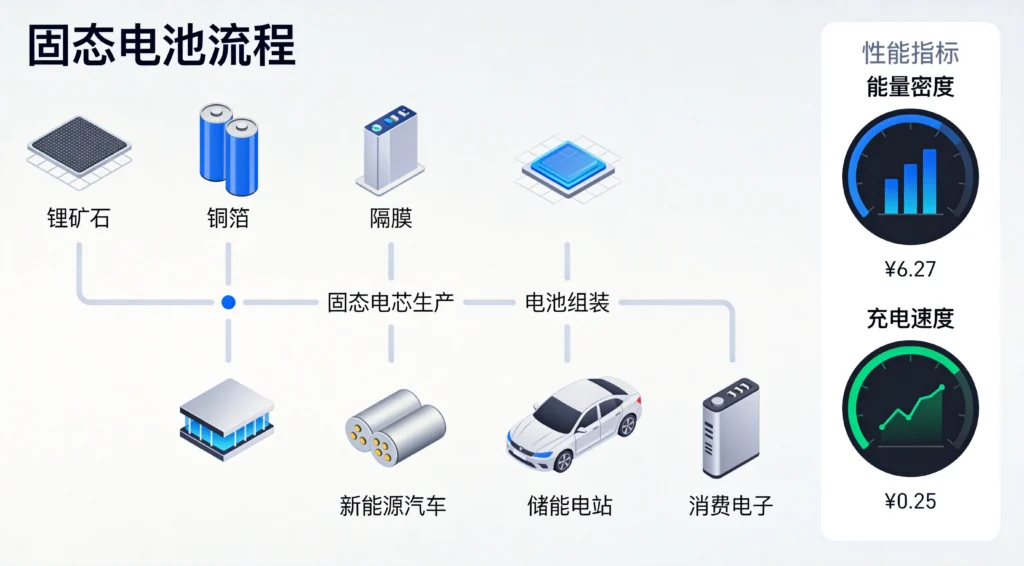 固态电池产业链扁平流程图，上游材料至下游应用全链条与性能指标对比界面