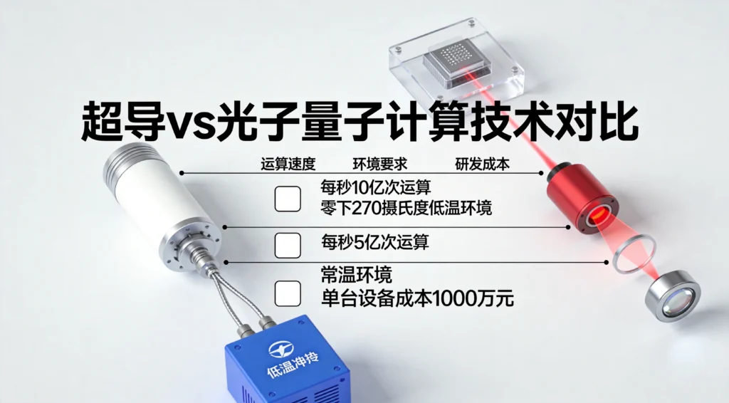 量子计算技术路线对比扁平示意图，超导与光量子双路径并行发展流程