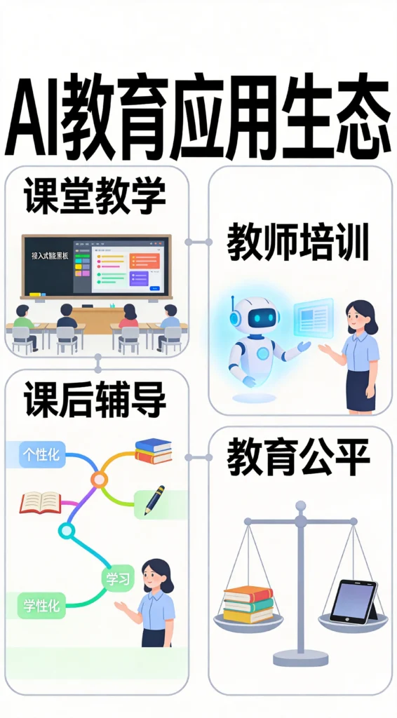 AI教育课堂教学课后辅导师资培养教育公平四大应用场景图