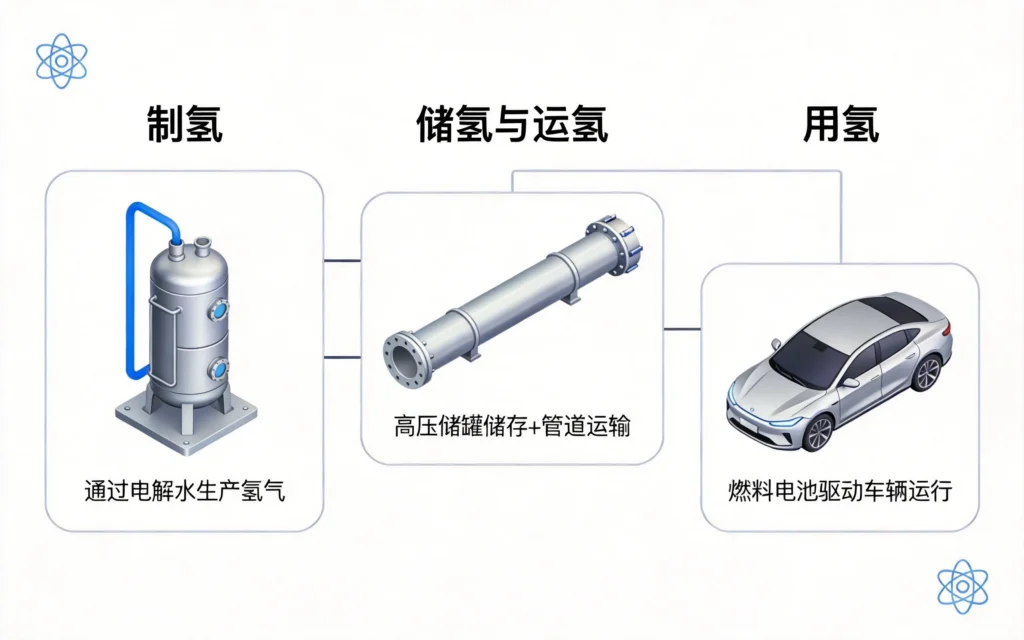 氢能产业链制氢储运燃料电池应用三大环节流程图