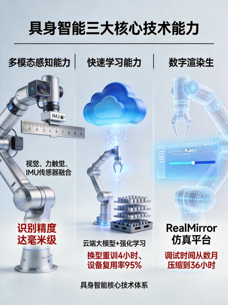 具身智能核心技术体系：多模态感知毫米级精度、快速学习4小时换型、数字孪生36小时调试