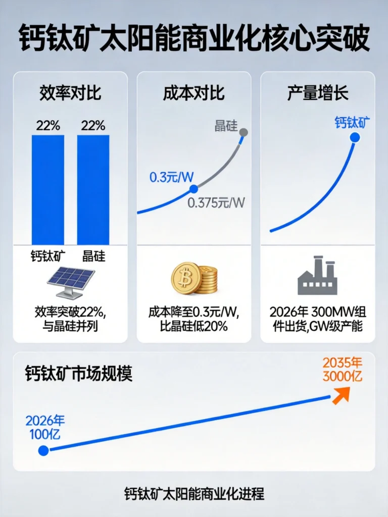 钙钛矿太阳能三大突破：效率22%、成本0.3元/W、GW级产能，市场规模十年增长30倍