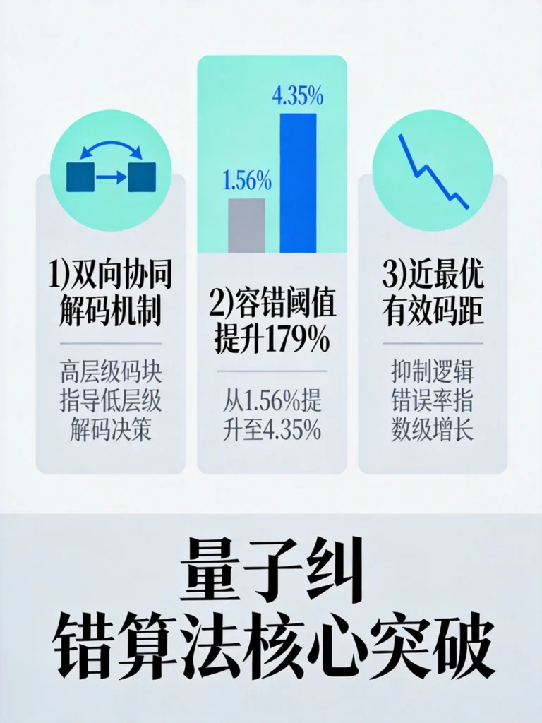 量子纠错三大突破：双向协同解码、容错阈值提升179%至4.35%、近最优有效码距