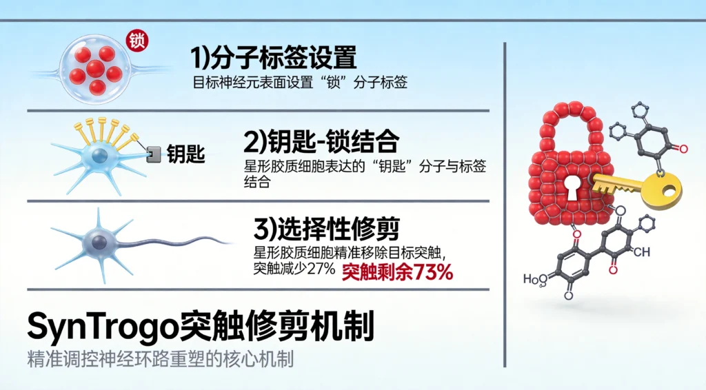 SynTrogo三步修剪机制：分子标签设置、钥匙-锁结合、选择性修剪，突触减少27%