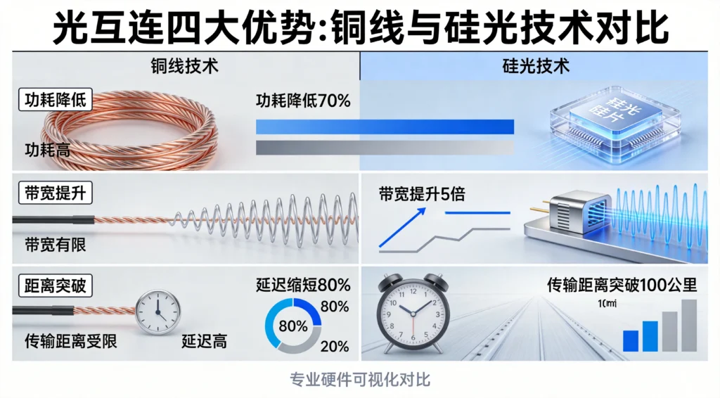 硅光子vs铜缆互连对比，功耗带宽延迟距离四大优势数据图