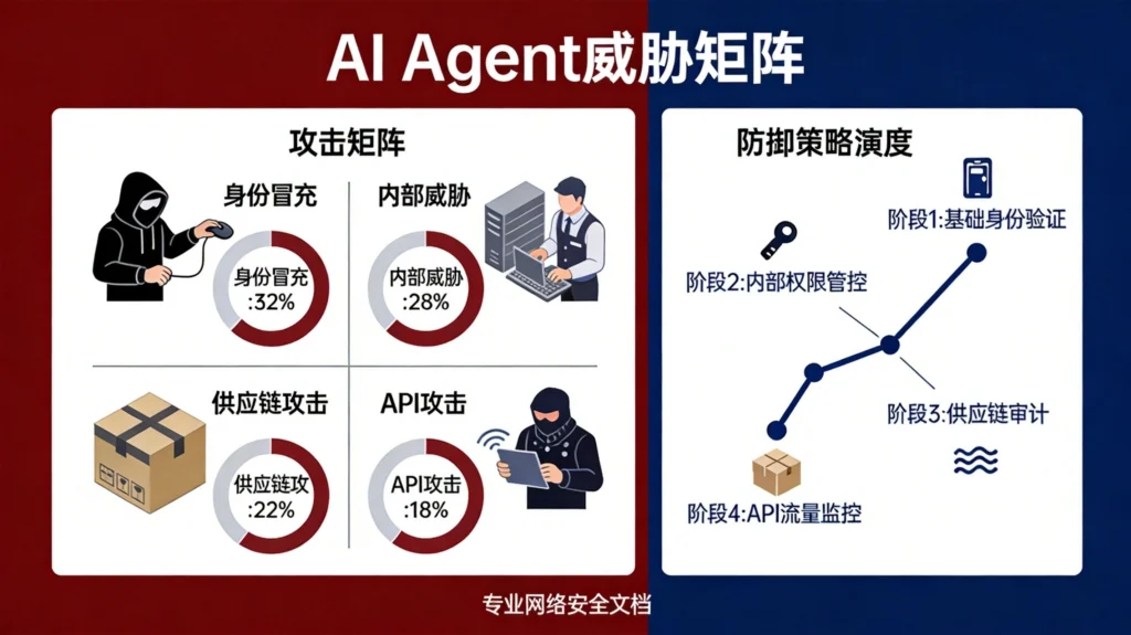 AI智能体威胁矩阵图，四大攻击类型占比分析与防御策略演进路径
