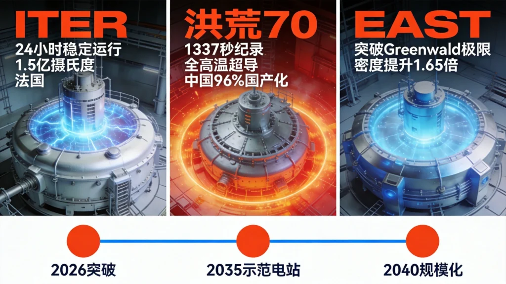 核聚变商业化里程碑图，ITER、洪荒70、EAST三大突破与2035-2040商用时间表