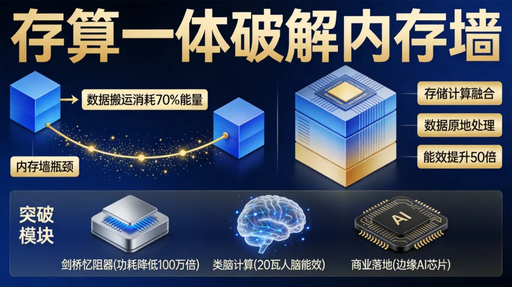 存算一体破解内存墙对比图，传统架构vs存算一体架构能效提升50倍的技术革命