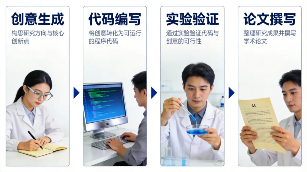 AI科学家研究流程四阶段图解，从创意生成、代码编写到实验执行与论文撰写