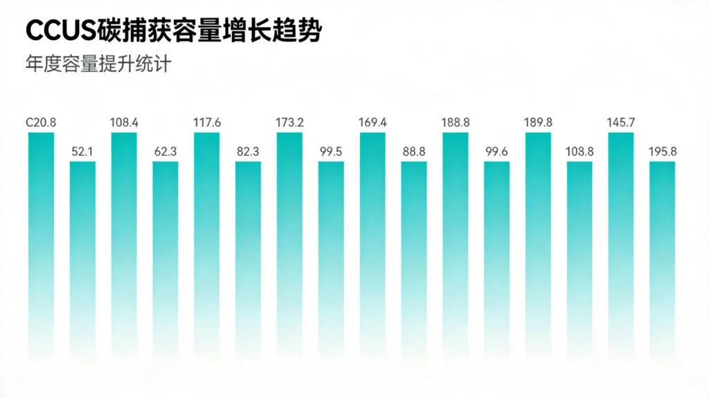 全球CCUS碳捕集产能增长趋势图，展示碳捕集能力从试验阶段向工业化阶段的跨越