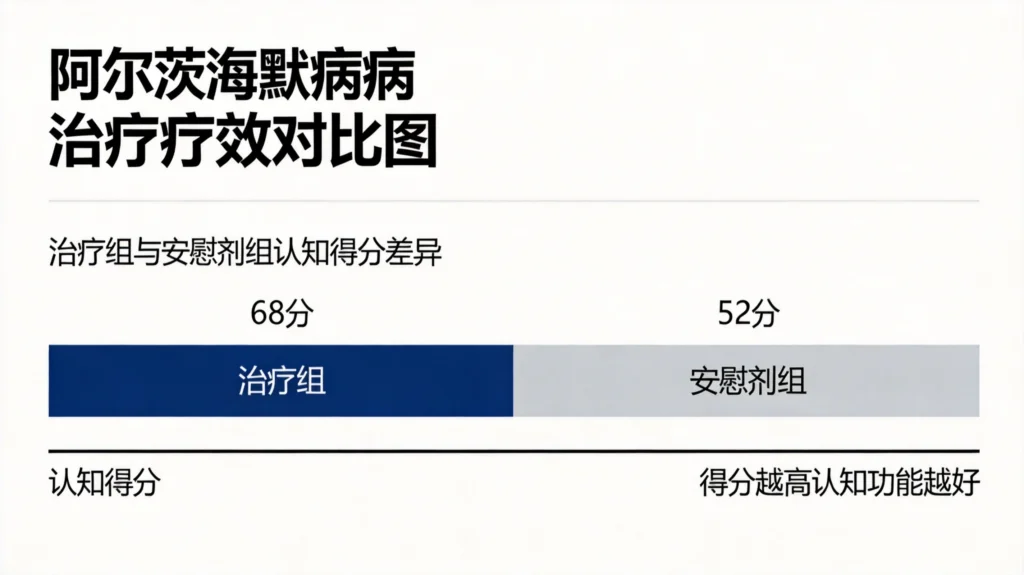 抗Aβ抗体疗法认知评分对比图，展示治疗组患者与安慰剂组的认知改善差异
