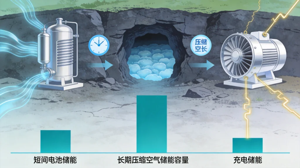 压缩空气储能系统工作原理图，从压缩存储到发电释放的完整流程