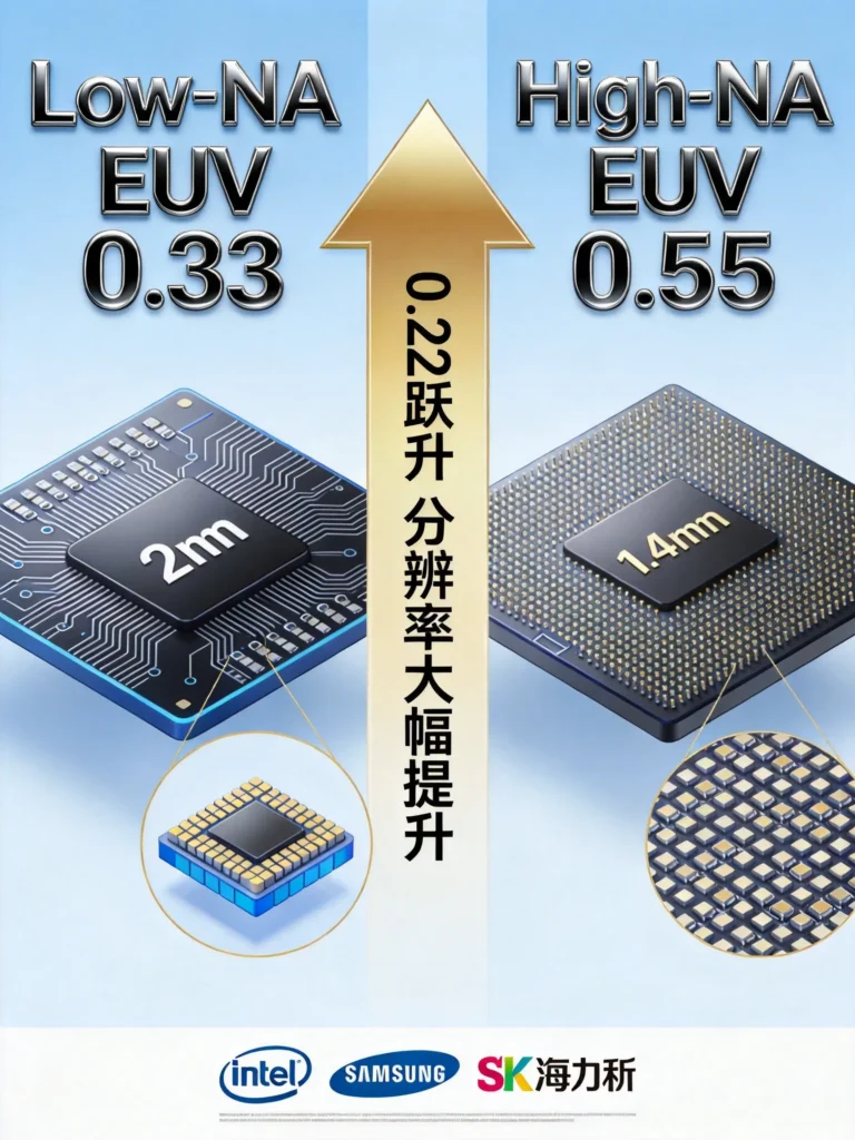 0.33到0.55NA数值跃升，三栏直观展现制程飞跃与巨头布局