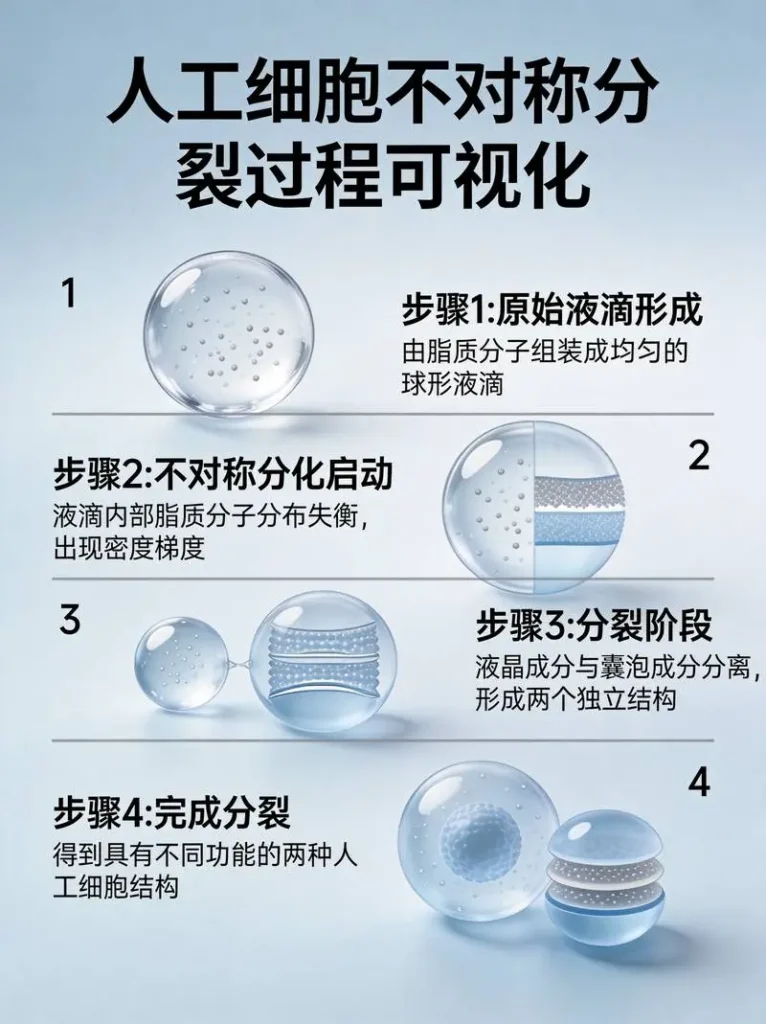 人工细胞不对称分裂过程可视化插图
